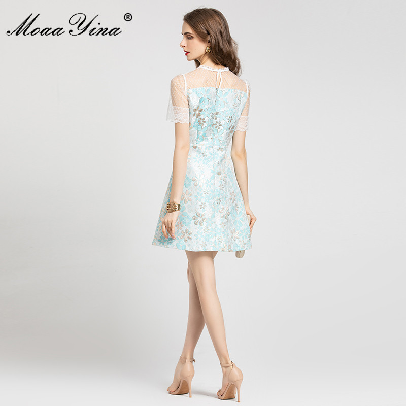 Fashion Runway Summer Short Jacquard Dress Women's Mesh Lace Sleeve Splice Flower Print Vintage Party Mini 210524