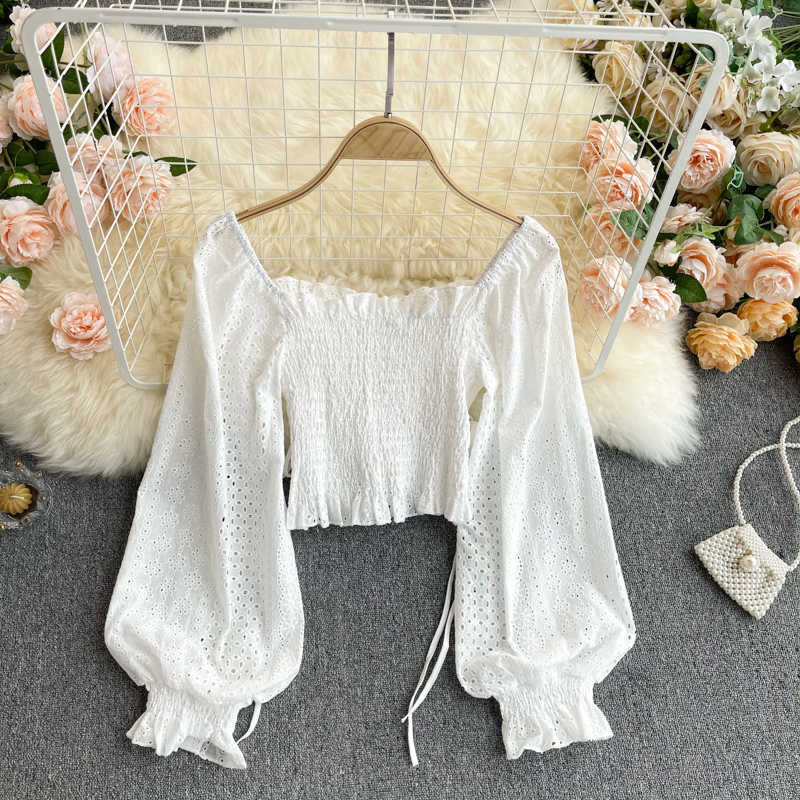 Fashion Women Court Square Long Sleeve Thin Lace Shirt Tops Lady White Elegant Blusas Rojas Mujer Blouse R477 210527
