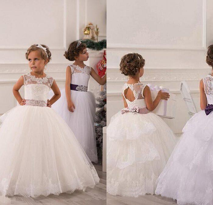 Lovely Vintage Jewel Sash Lace Net Baby Girl Birthday Party Christmas Princess Dresses Children Girl Party Dresses Flower Girl Dresses