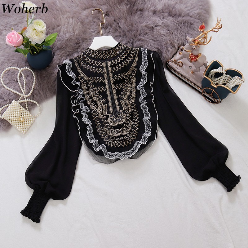 Blouse Women Spring O Neck Ruffled Chiffon Shirt Embroidery Lace Gauze Lantern Sleeve Tops Slim Fit Pullover Chic 210519