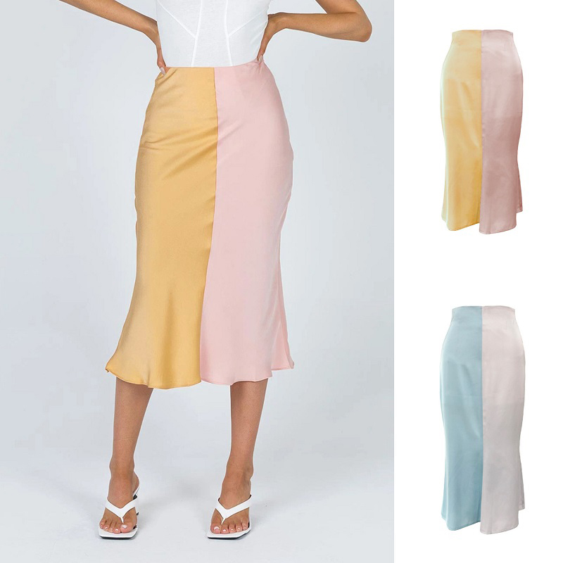Women Skirt two colors patchwork long skirts for summer Faux silk Slim female Fashion thin bottom 210524