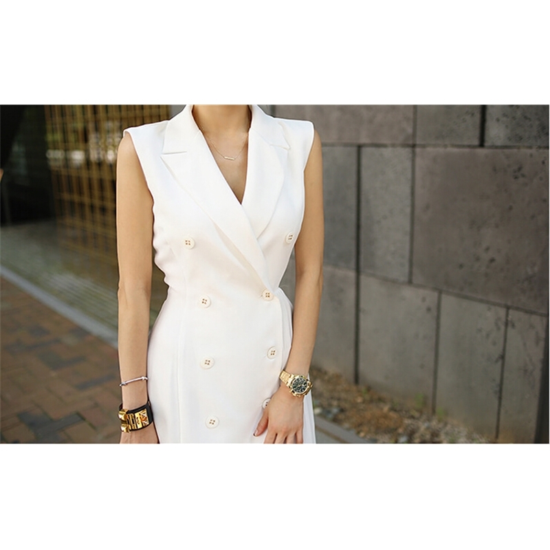 Elegant Wear to Work vestidos Business Party Office Lady Women pleated Dress Retro double breasted Sleeveless Summer Dresses 210520