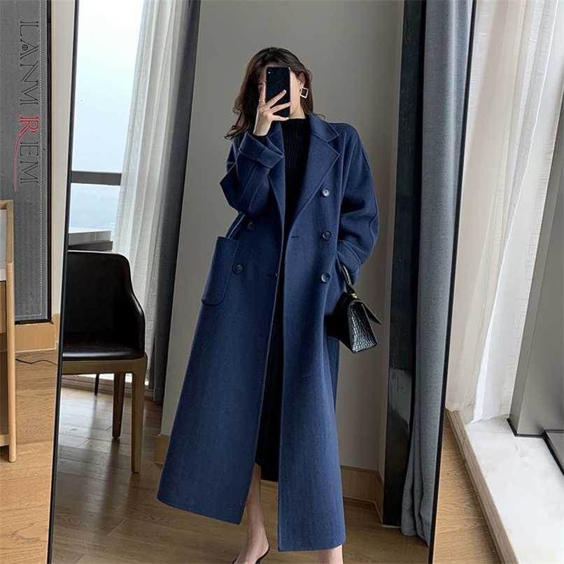 LANMREM Autumn Winter Women Woolen Coat Warm Long Length Double Breasted Navy Blue Coats Female Elegant Outerwear 2C533 211130