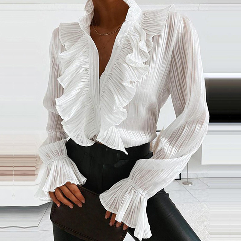 Elegant Ruffle Women Shirt V Neck Parthwork Long Sleeves Solid Single Breasted Female Shirts Spring Ladies Slim Clothes 210518, White
Elegant Ruffle Women Shirt V Neck Parthwork Long Sleeves Solid Single Breasted Female Shirts Spring Ladies Slim Clothes 210518, White