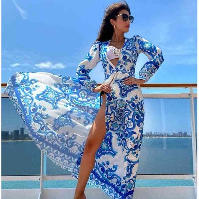 Women Dress Printed Bohemia es Sexy Long Print Floral Maxi Deep V Neck Sleeve Plus Size es 210513