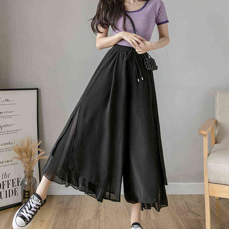 Spring Autumn Style Pleated Chiffon Wide Leg Pants Fashion High Waist Drape Elegant Ankle-length Skirt Trousers 211115