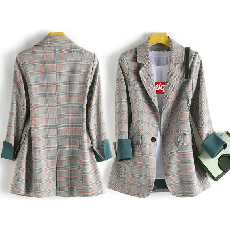 Autumn England Style Women Long Sleeve Single Button Blazers Elegant Slim Casual Plaid Blazer Coat Bleazer Mujer S216 210512