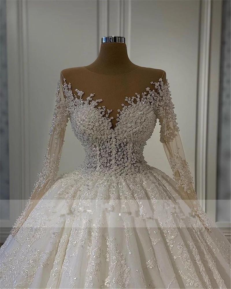 Princess A Line Wedding Dresses Sequins Beaded Bridal Gowns Long Sleeves Sweep Train Plus Size Marriage Vestido de novia