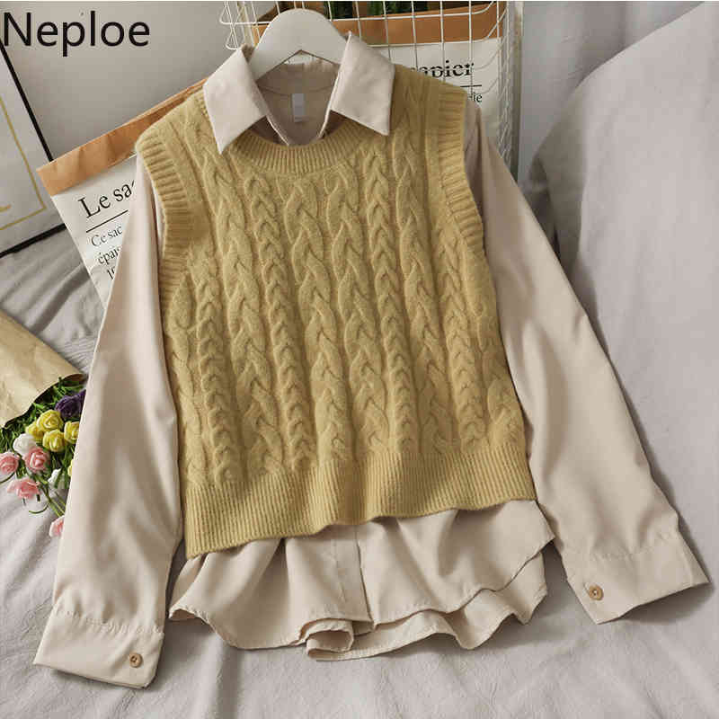 Neploe Fall Clothes for Women Two Piece Set Solid Color Shirts Tops Knitted Sweater Vest Chic Korean Suit 2 Piece Outfits Woman 210422