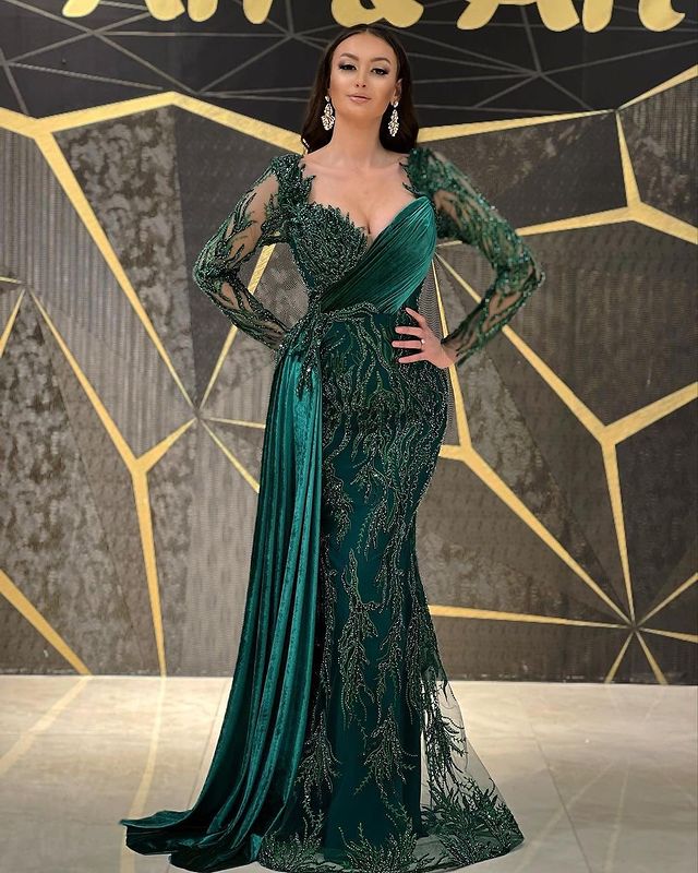 Size Plus Arabic Aso Ebi Luxurious Dark Green Prom Dresses Lace Beaded Mermaid Evening Formal Party Second Reception Gowns Dress ZJ