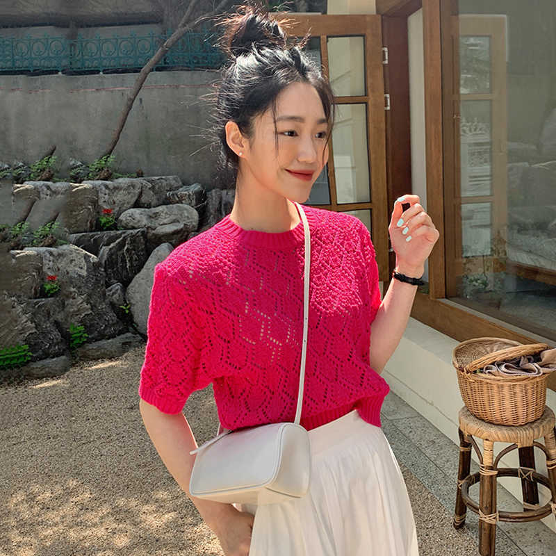 Korejpaa Women T-Shirt Summer Korean Chic Girl Western Style All-Match Round Neck Hollow Thin Puff Sleeve Knitted Pullovers 210526