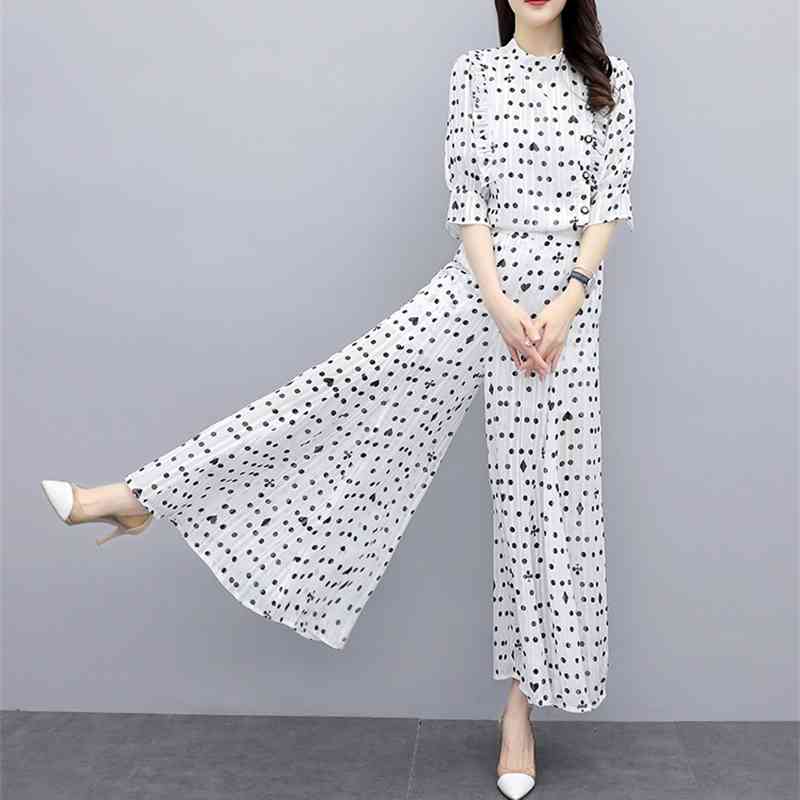 Fashion Women Temperament Dot Summer 2 Piece Set Chiffon Stand Collar Ruffles Shirt + Ladies High Waist Wide-Leg Pants Suit 210520