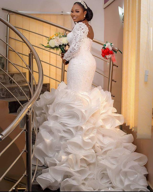 Arabic Mermaid Wedding Dresses Illusion Lace Appliques Crystal Beads Long Sleeves Ruffles Tiered Organza Chapel Train Formal Bridal Gowns