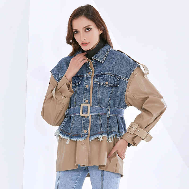 Patchwork PU Jackets For Women Lapel Long Sleeve Loose Hit Color Sashes Casual Denim Coats Female Autumn 210524
