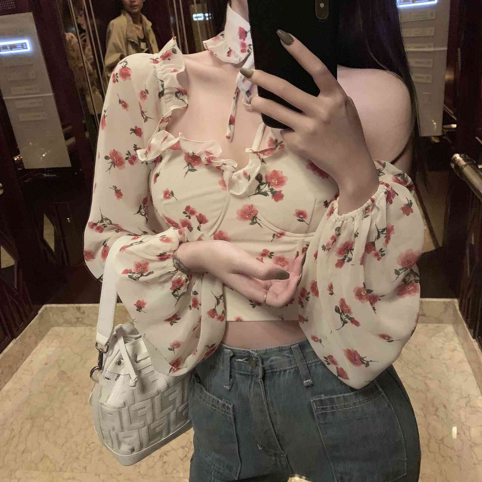 flower print sexy club floral short women tops blouse bodycon slim shirts choker ruffles lace up top blusas mujer de moda 210421