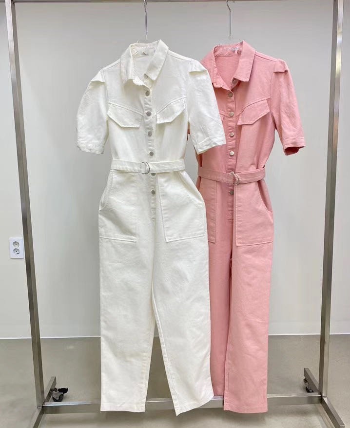 High quality casual Jumpsuits Overalls rompers womens jumpsuit short Sleeve Summer Single-breasted long pants Female 210518