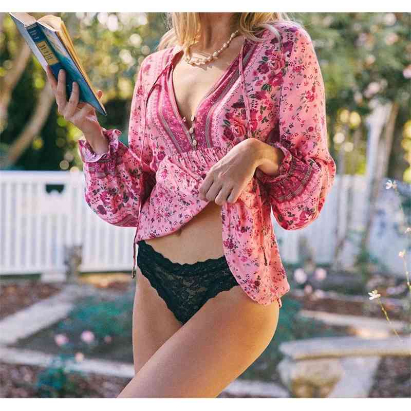 BOHO Bandage Open buttons V neck Floral Print Shirt Hippie Women Tie Bow Lacing up Waist Long Sleeve Blouse Holiday Tops Beach 210429