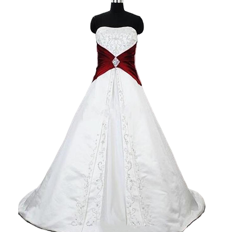 Vintage Embroidery A Line Wedding Dress Dark Red And White Bride Dresses 2022 Strapless Satin Lace Up With Trains Plus Size Long Country Bridal Gowns 