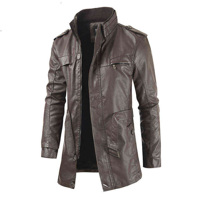 Oumor Men Autumn Fashion Long Warm Fleece Leather Jacket Coat Men Winter Casual England Style Vintage Leather Jacket Parkas Men 211111