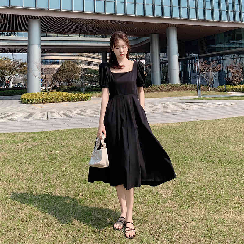 Long Sleeve Dress Women Holiday Elegant Ankle-length Female Square Collar Simple Trendy Korean Style Leisure Streetwear Slim Ins 210515