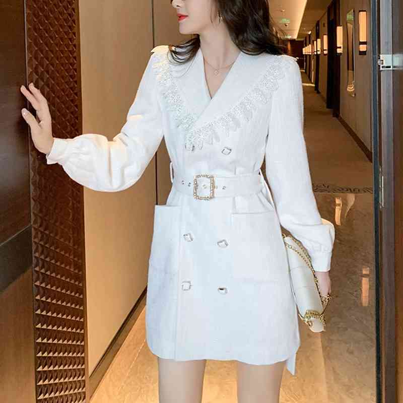 Women Tweed Vintage Woolen White Dress Elegant Double Breasted OL Winter Long Sleeve Vestidos 210520