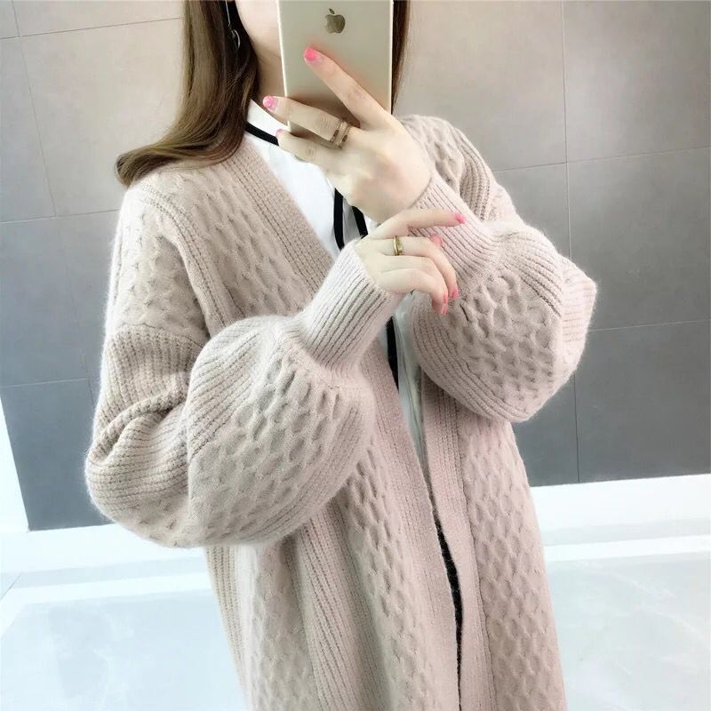 Puff Sleeve Loose Knitted Sweater Fall Women Cardigan V-neck Jacket Coat Clothes Female Casaul Knitwear Tops 10879 210506