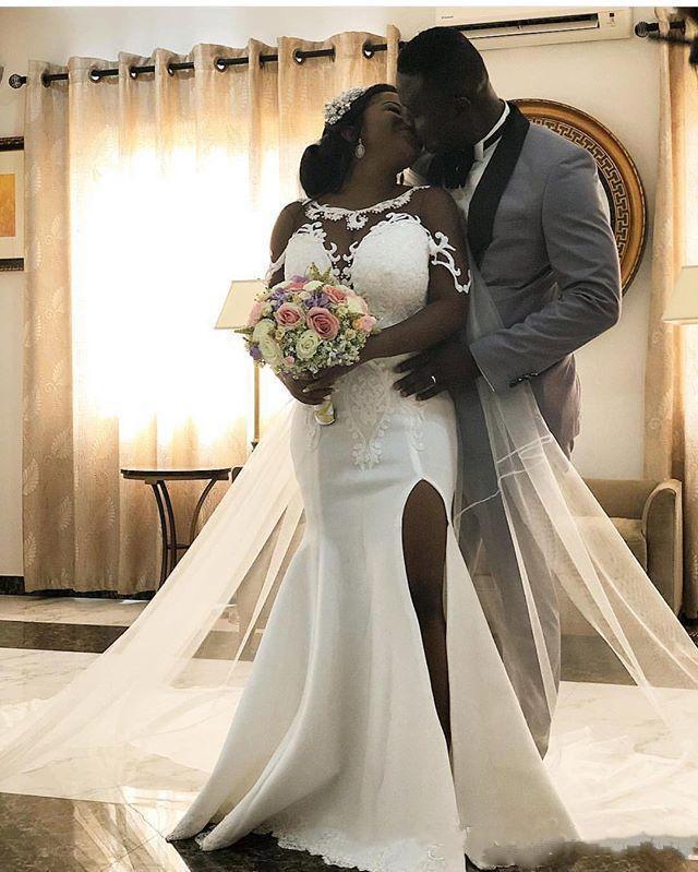 Wedding African Mermaid Dresses Bridal Gown Long Sleeves Satin Side Slit Lace Applique 2021 Floor Length Custom Made Scoop Neck Plus Size Vestido De N