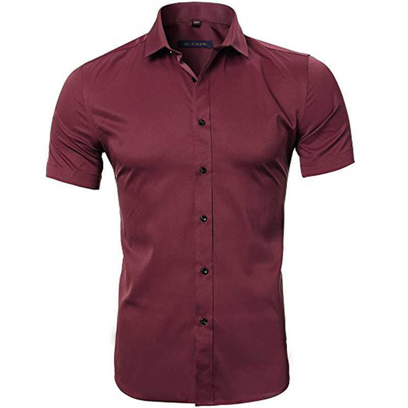Blue Bamboo Fiber Shirt Men Summer Short Sleeve Mens Dress Shirts Casual Slim Fit Easy Care Solid Non Iron Chemise Homme 210721