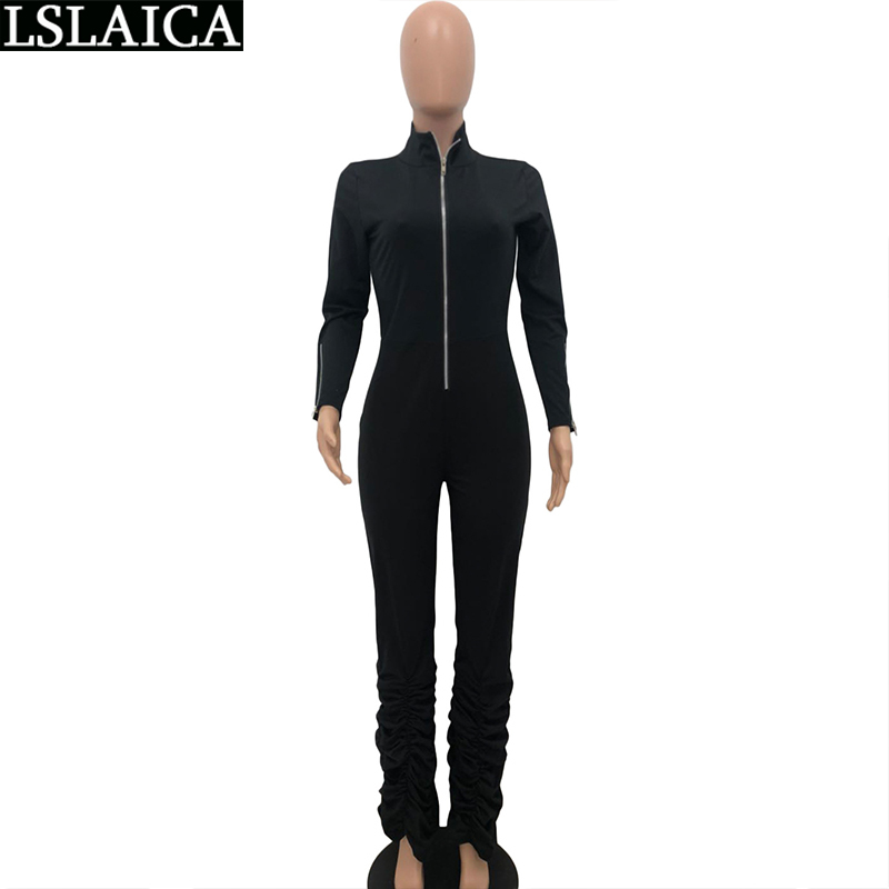 Fashion Jumpsuit Women Sexy Pleated Zipper Slim Bodysuit Long Sleeve Casual Solid Streetwear Bodys Para Mujer 210520