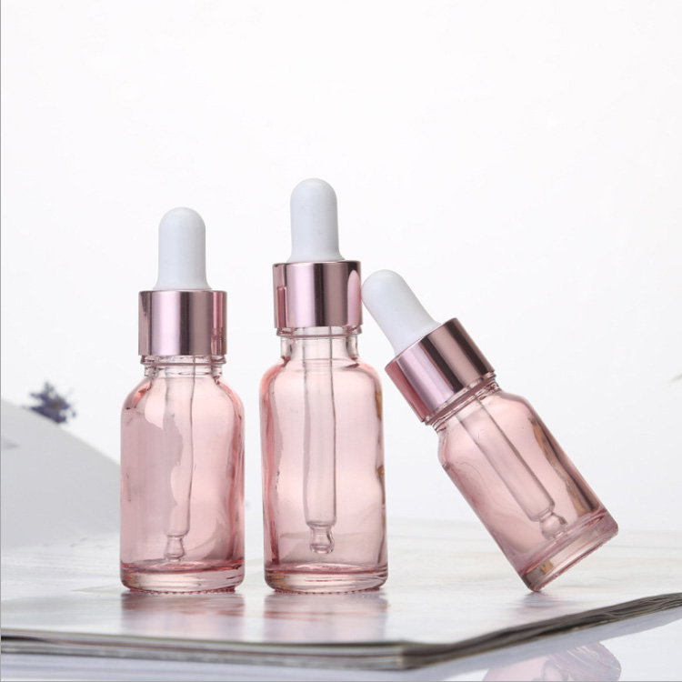 Cherry Pink Glass Essential Oil Perfume Bottle Liquid Reagent Pipette Dropper Bottles with Rose Gold Cap 10-50ml
