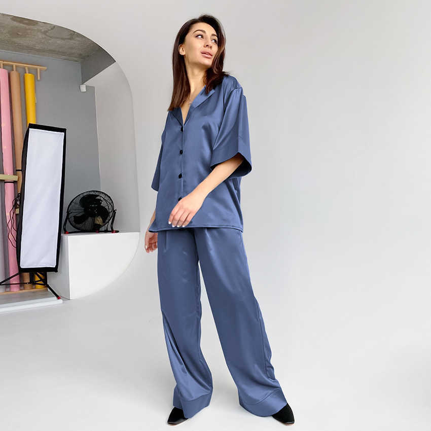 HiLoc Solid Drop Sleeves Pajama Turn-Down Collar 2 Piece Set Women Pajamas With Pants Spring Deep V-Neck Sleepwear Satin 210924