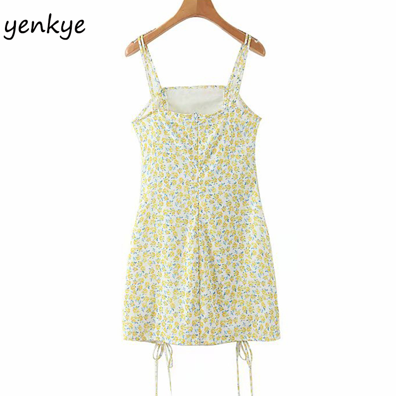 Sleeveless Sling Sexy Women Drawstring Bodycon Mini Modern Lady Yellow Floral Print Chiffon Dress Summer vestido 210515