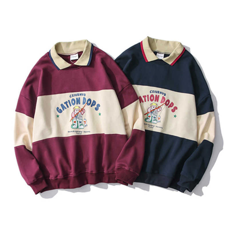 Aolamegs Striped Patchwork Hoodies Autumn Sweatshirts Men Cute Print Casual Hooded Pullover Couples False Two Harajuku Colthing 210730