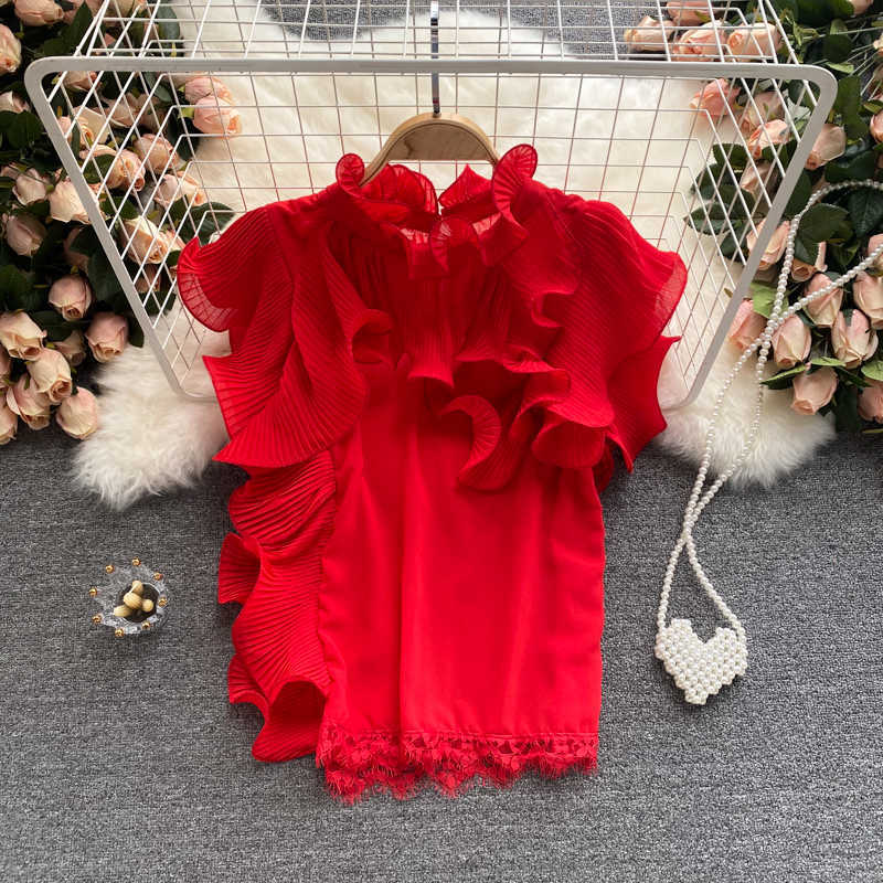 Chiffon Blouse Women Korean Pleated Ruffle Blusa Feminina Summer Butterfly Sleeve Shirt Causal Tops 6J199 210603