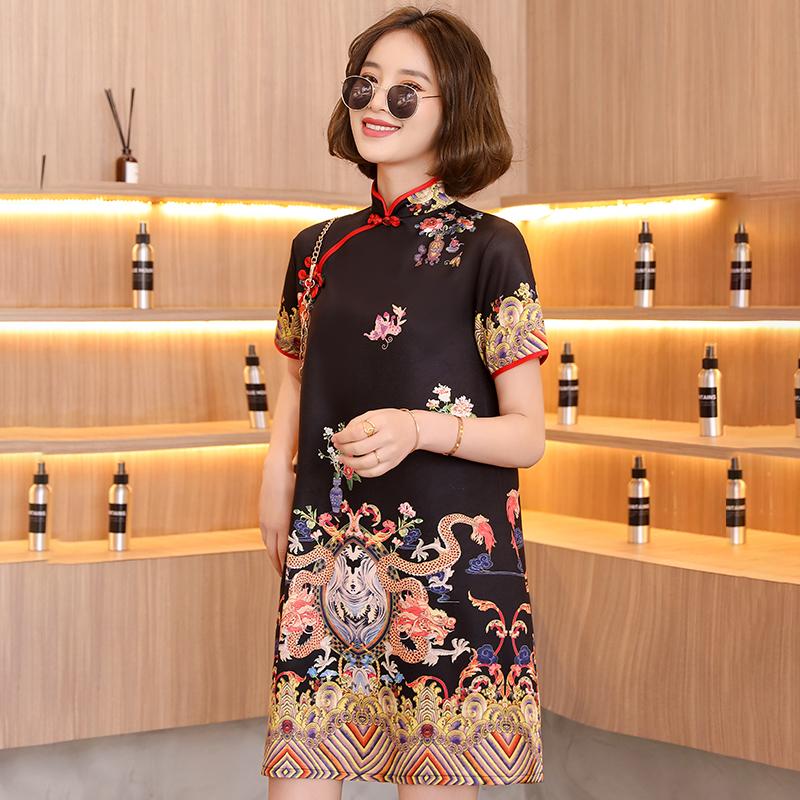 M-XXL Yellow Black Loose Fashion Modern Trend Cheongsam Dress For Women Short Sleeve Qipao Traditional Chinese Clothes Ethnic Clothing