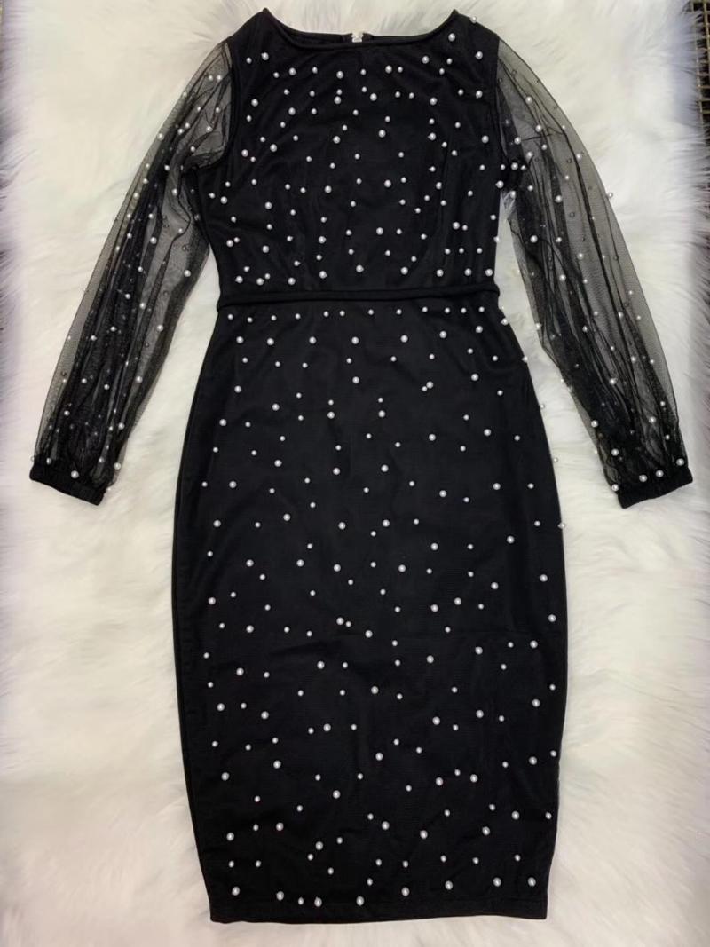 Women Luxury Sexy Long Sleeve Pearl Beading Mesh Black White Winter Dress 2021 Designer Evening Party Vestido Casual Dresses