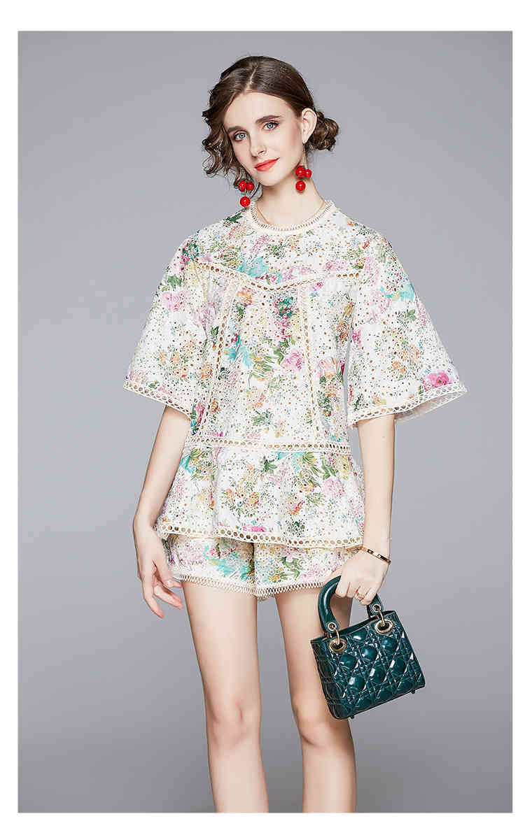 Runway summer 2 Pieces Set Elegant Flower Embroidery Lace Suit Women short Sleeve Hollow Out Shirt Top+Wide Leg Shorts 210519