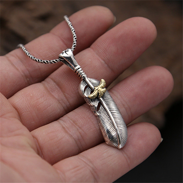 Handmade 925 sterling silver feather pendants with gold color eagle without chain American Indian antique designer luxury fine jewelry accessories gif