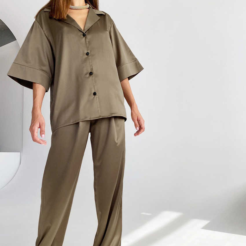 HiLoc Solid Drop Sleeves Pajama Turn-Down Collar 2 Piece Set Women Pajamas With Pants Spring Deep V-Neck Sleepwear Satin 210924