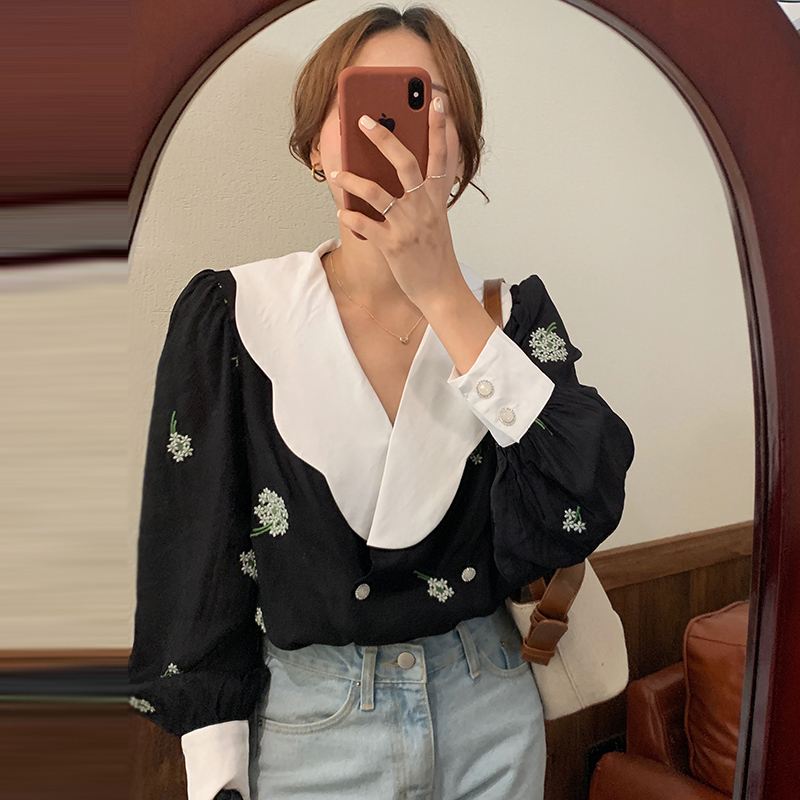 Korean Chic Retro Turn Down Collar Puff Long Sleeve Blouse Floral Embroidery Loose Blusas Casual Sweet Shirt Top 210519