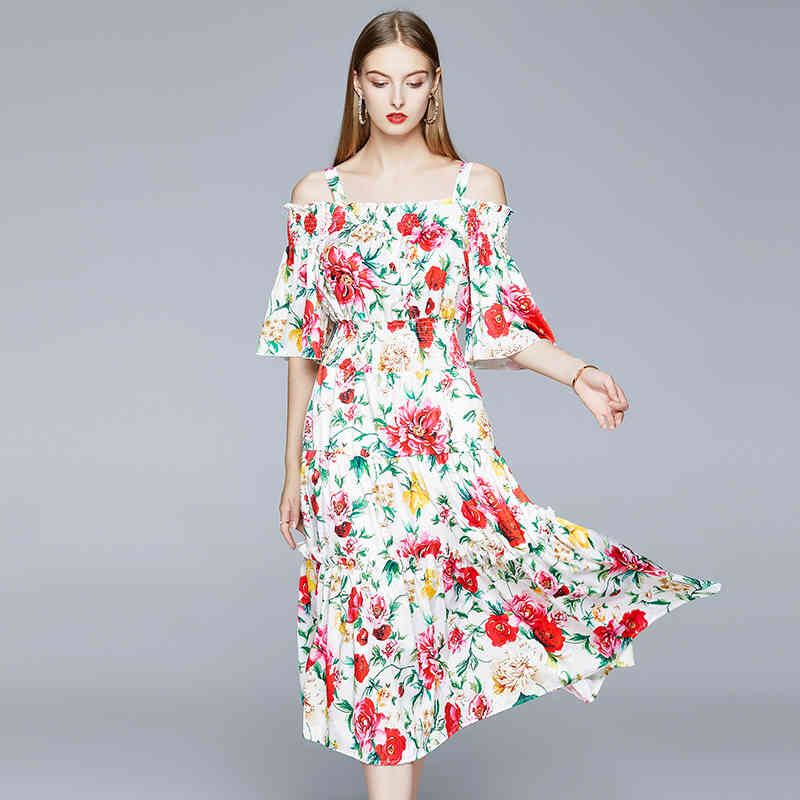 est Summer Holiday Dress Runway Women's Rose Print Spaghetti Strap Sexy Slash Neck Elastic Waist Long Dresses 210506
