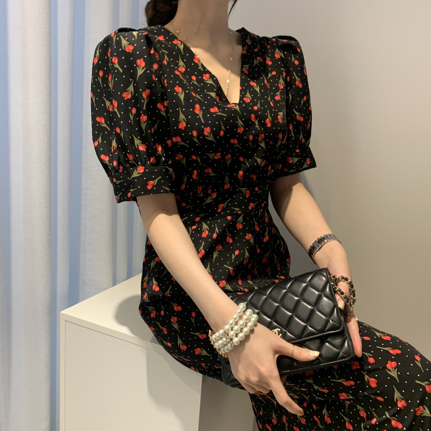 Fashion Flower Print Dress Women Elegant V Neck Puff Sleeve Ladies Vestidos Summer Slim Waist Female Dresses 210506