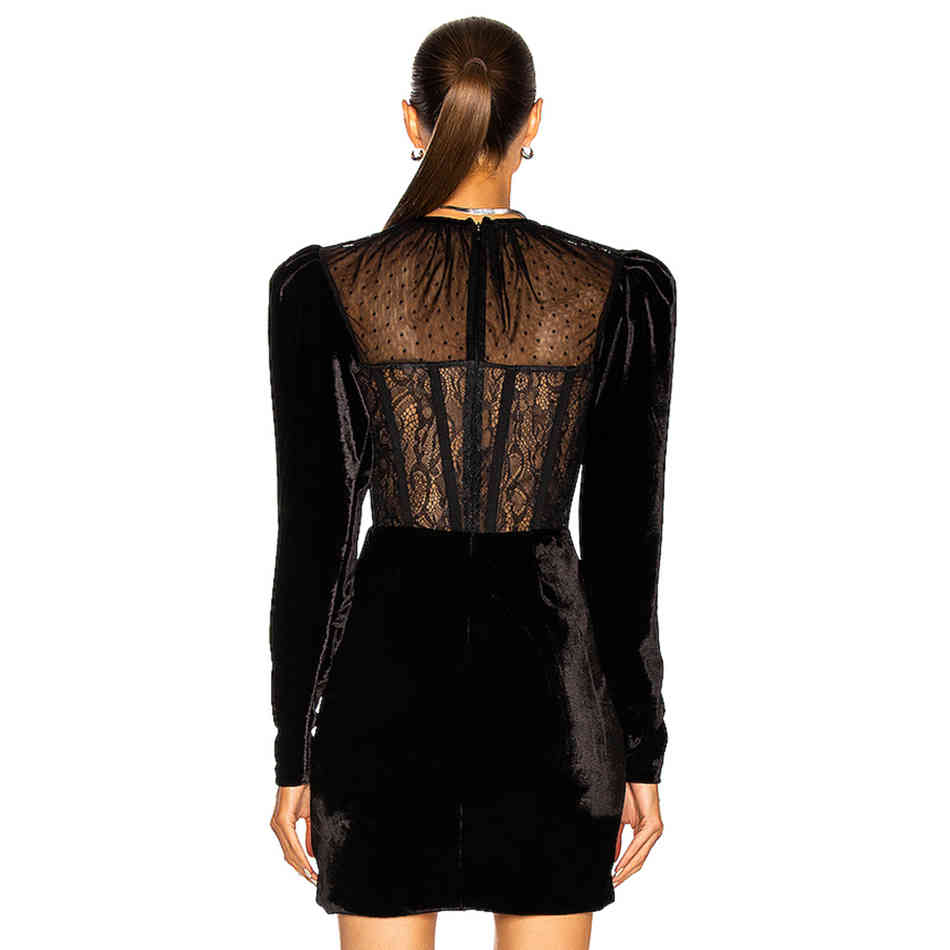 Free Spring Women's Lace Velvet Dress Sexy O-neck Long Sleeve Bodycon Club Night Party Mini Vestidos 210524