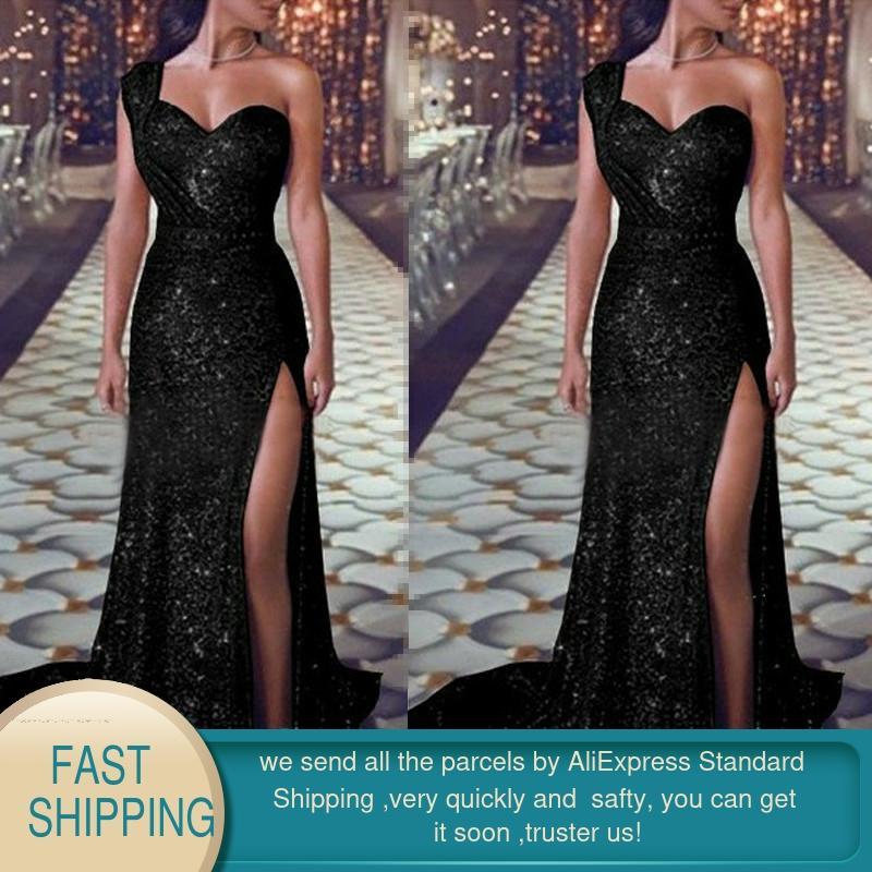 Women's One Shoulder Sexy Sleeveless Elegant Mermaid Long Party Dress for Sequined Formal 210428