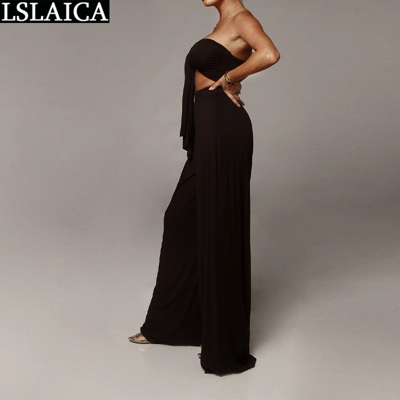 Sexy 2 Piece Set Women Solid Sleeveless Strapless Wide Leg Pants Sets Fashion Female Outfits Clubwear Casual Conjuntos De Mujer 210515