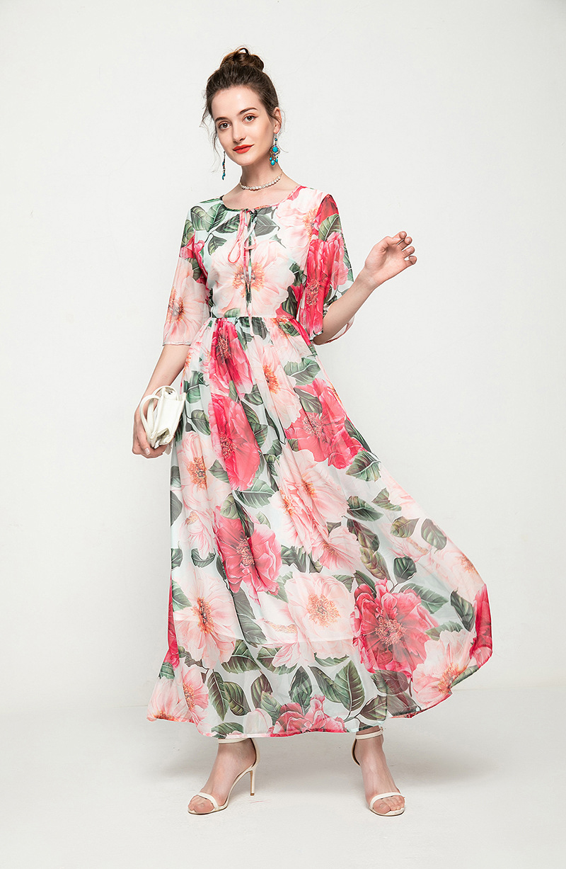 Women's Runway Dress O Neck Short Sleeves Lace Up Floral Printed Elegant Long Dresses Vestidos