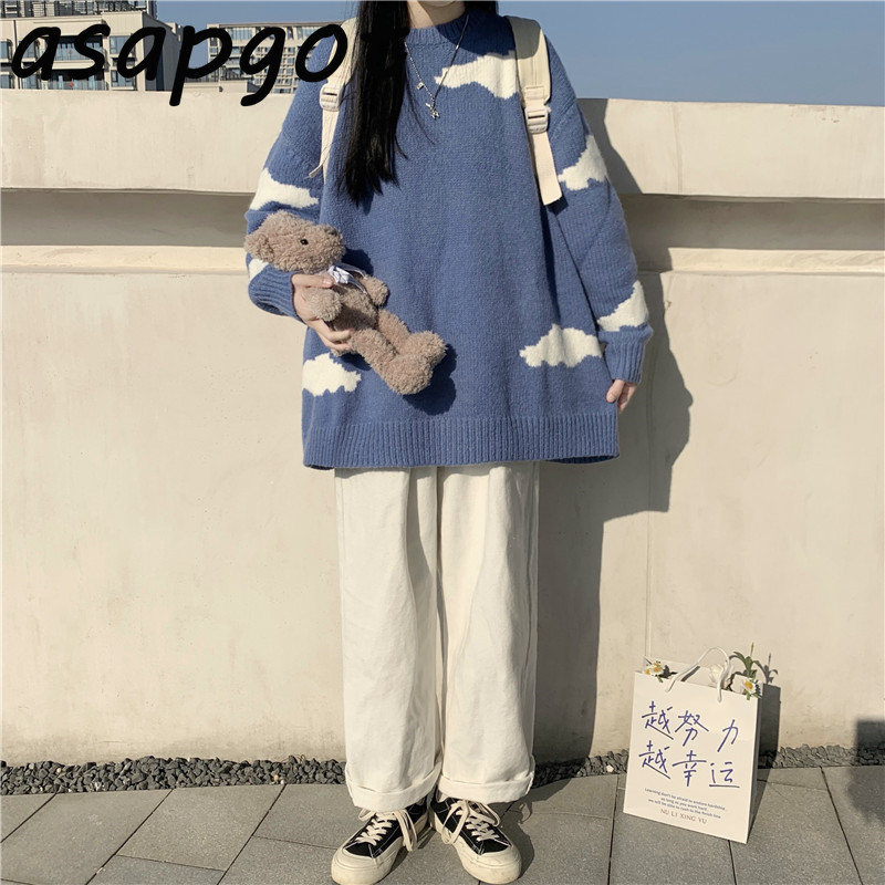 Winter Thick Knitted Tops Loose Long O Neck White Clouds Pullovers Sweater Women Fashion Casual 3style Pull Femme Preppy Japan 210429
