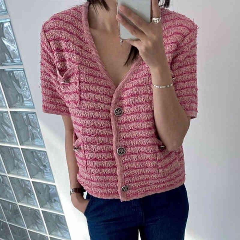 Women Sweater Summer Korea Chic French Retro V-neck Loose Contrast Stripe Button Pocket Short Sleeve Knit Cardigan 210514