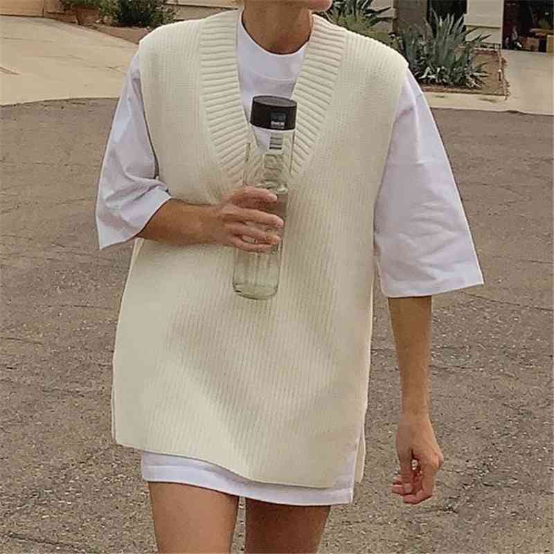 Streetwear Women V-Neck Sweaters Tanks Fashion Ladies Solid Knitted Short Vest Elegant Female Chic Long Loose Pullover 210430