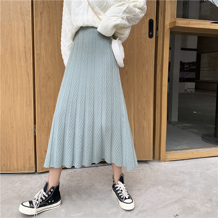 Nomikuma Knitted Women Skirt Korean Solid High Waisted A-line Midi Sweater Skirt Autumn New Causal Faldas Mujer Moda 6C058 210427